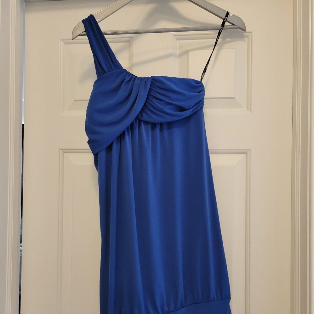 XOXO Colbalt Blue One Shoulder Bubble Hem Dress with Gold Accents - Size Small